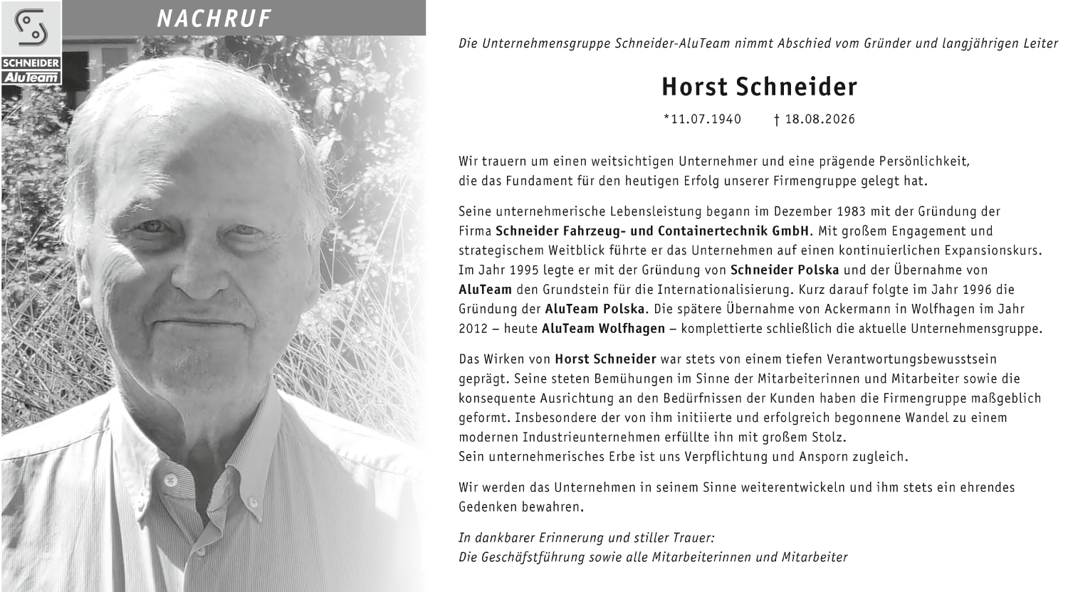 Nachruf Horst Schneider
